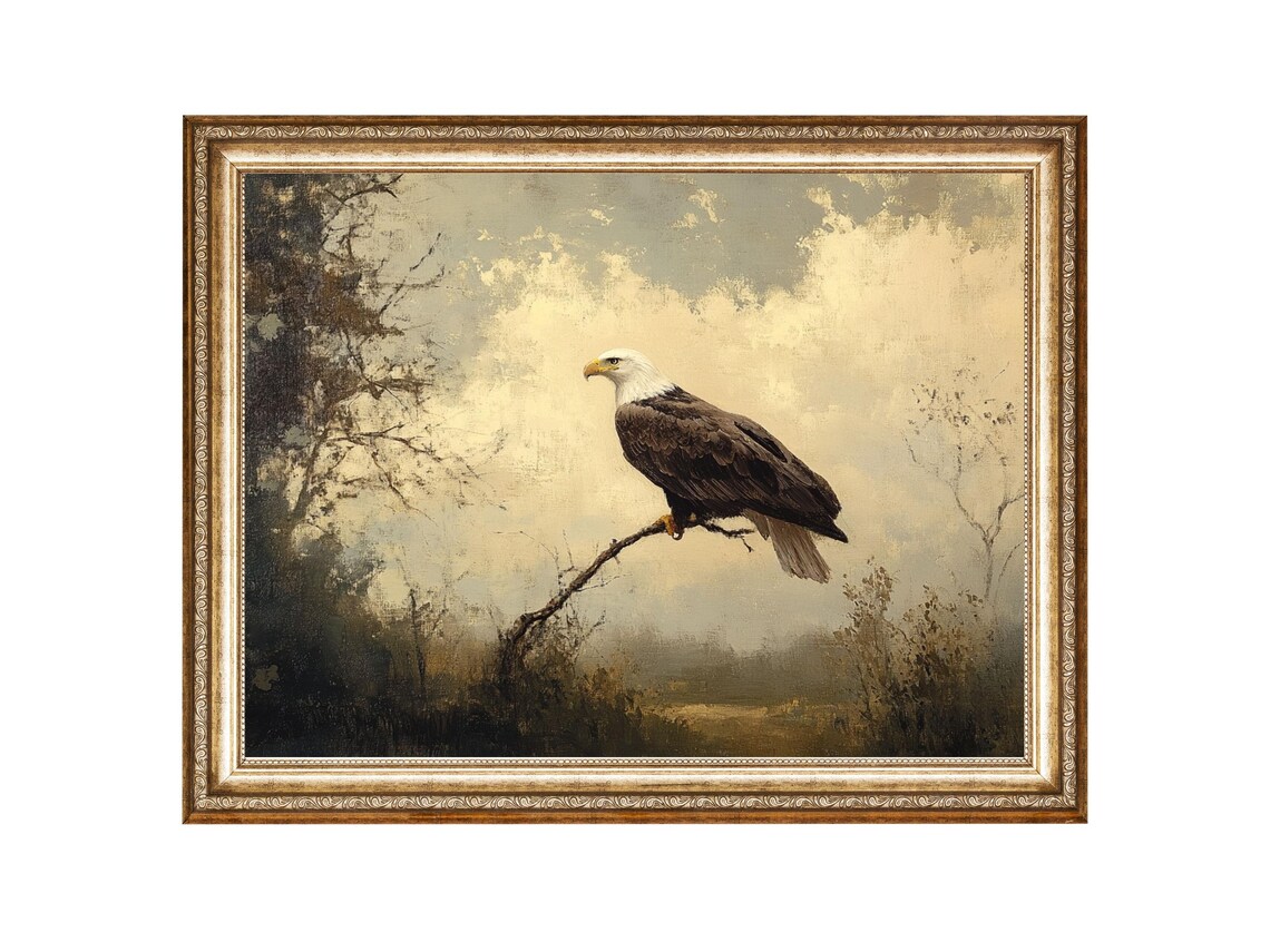 Bald Eagle Rustic Bird, Vintage Oil Painting Art Print