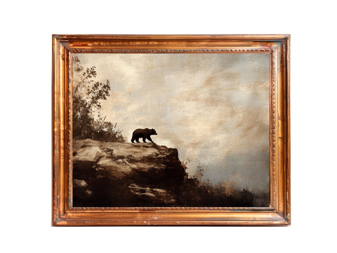 Black Bear Crossing a Rocky Cliff Edge Vintage Wildlife Oil Painting Poster - Image 3