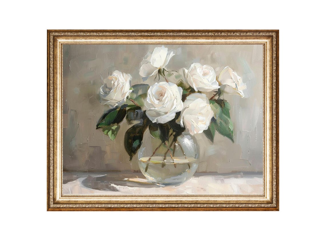 White Roses Vintage Flower Art Print, Cottage Core