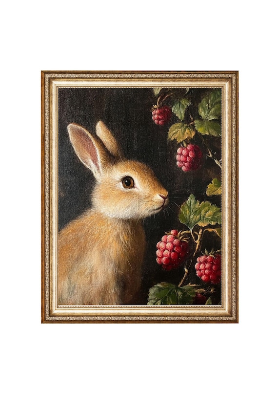 Baby Bunny Nestled Among Ripe Raspberries Vintage Woodland Oil Painting Poster