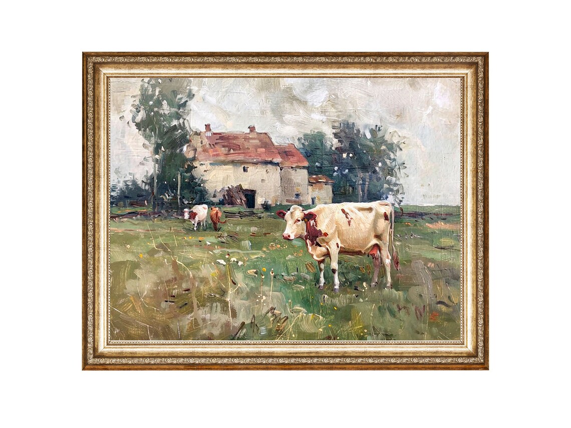 Country Cottage With Cows, Vintage Oil Painting Art Print