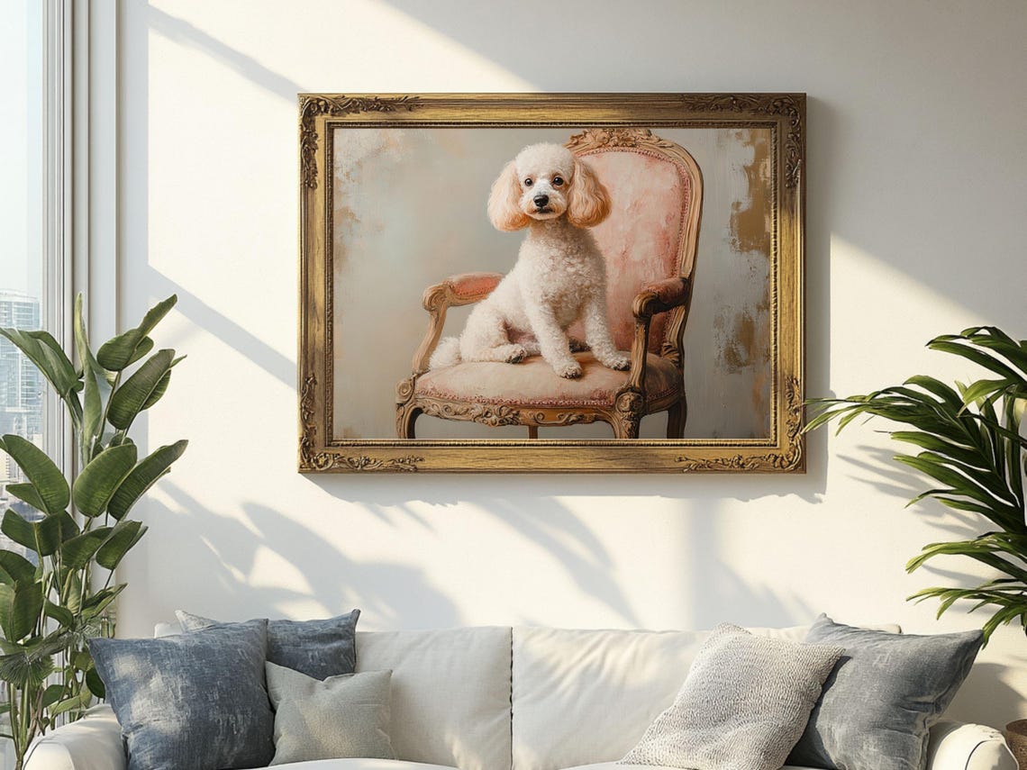 Poodle Dog Portrait French Vintage Chair Aristocratic Pet Art Vintage Oil Painting Cottagecore Wall Art Wall Art Prints - Image 2