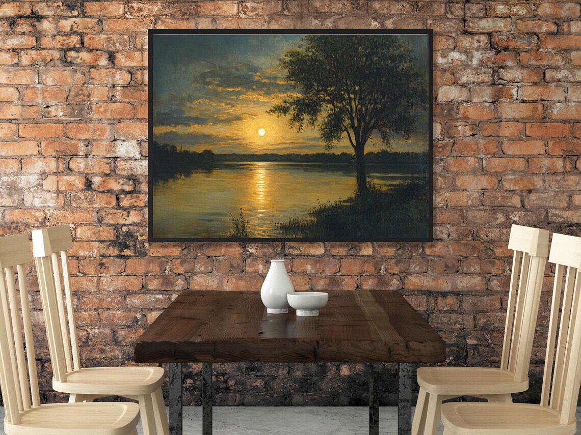 Full Moon Over Lake At Night Moody Landscape Painting Poster - Image 2