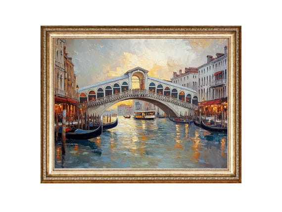 Venice Rialto Bridge Gondola Oil Painting Cottagecore Wall Art Vintage Painting Wall Art Prints Instant