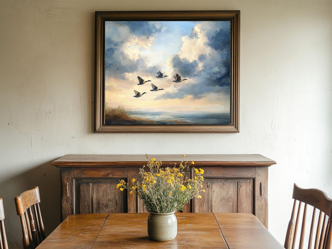 Flying Geese Birds Art Sky Landscape Art Oil Painting Cottage Core Art Best Gifts Vintage Painting Wall Art Prints - Image 2