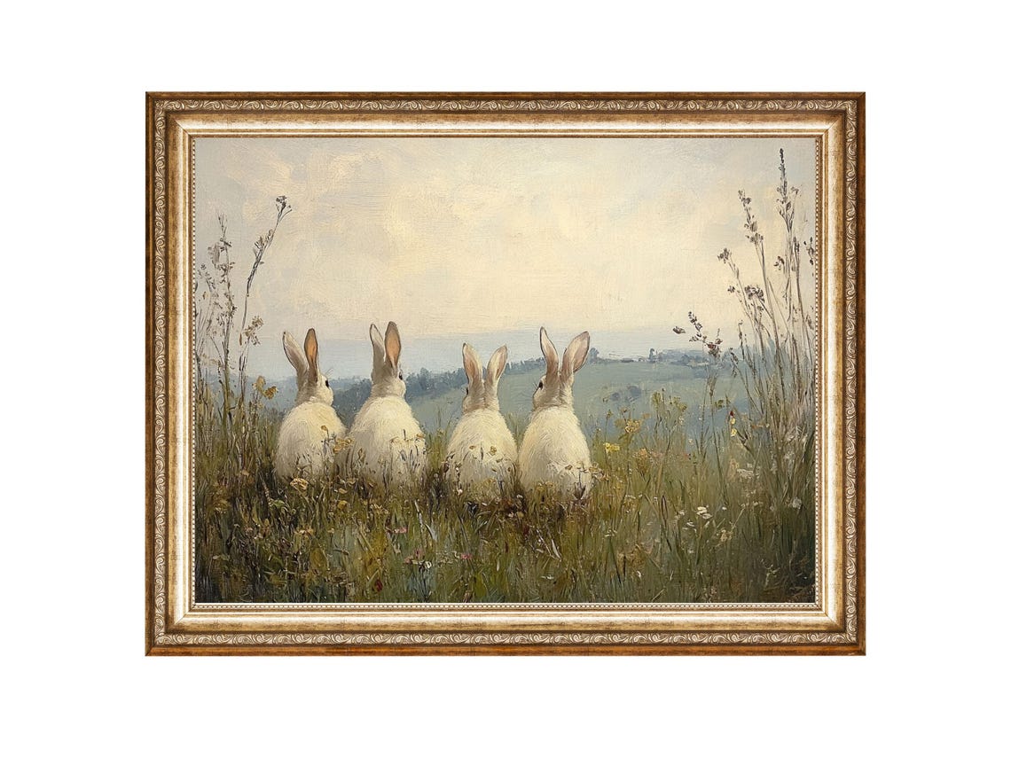 Four Rabbits in Meadow, Vintage Oil Painting Art Print