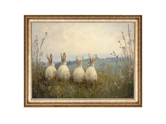 Four Rabbits in Meadow, Vintage Oil Painting Art Print