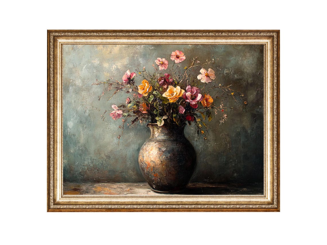Floral Still Life Flower Vase, Vintage Cottagecore Art Print