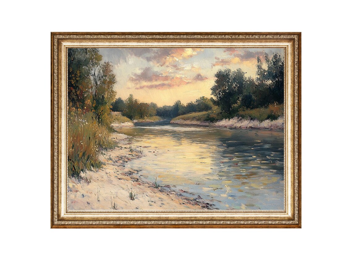 River Landscape Vintage Oil Painting, Cottage Core