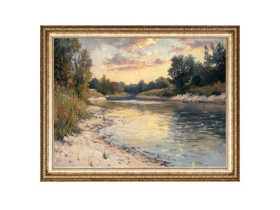 River Landscape Vintage Oil Painting, Cottage Core