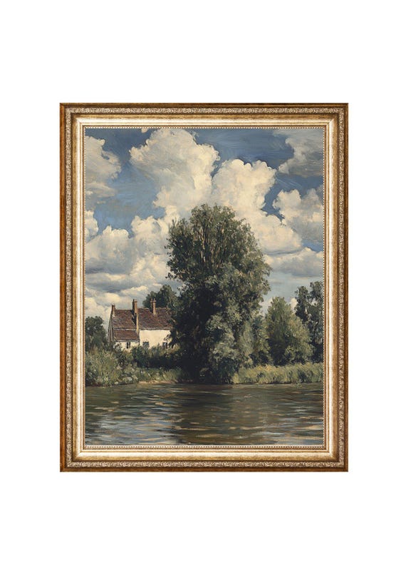 Cottage By The River Serene Nature Scene Vintage Oil Painting Cottagecore Wall Art Wall Art Prints