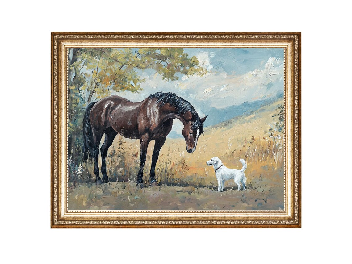 Horse With Dog Farmhouse Vintage Oil Painting Art Print