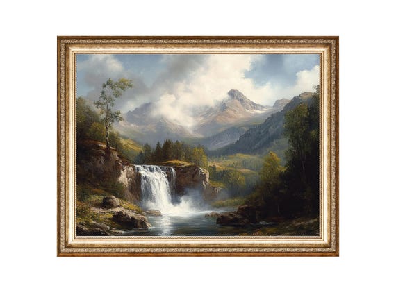 Mountain Waterfall Landscape With Lush Greenery Oil Painting Cottage Core Art Vintage Painting Wall Art Prints