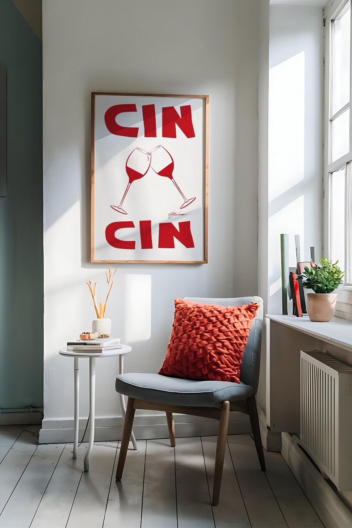 Cin Cin Red Lettering with Two Clinking Wine Glasses Italian Bar Cart Art Poster - Image 4