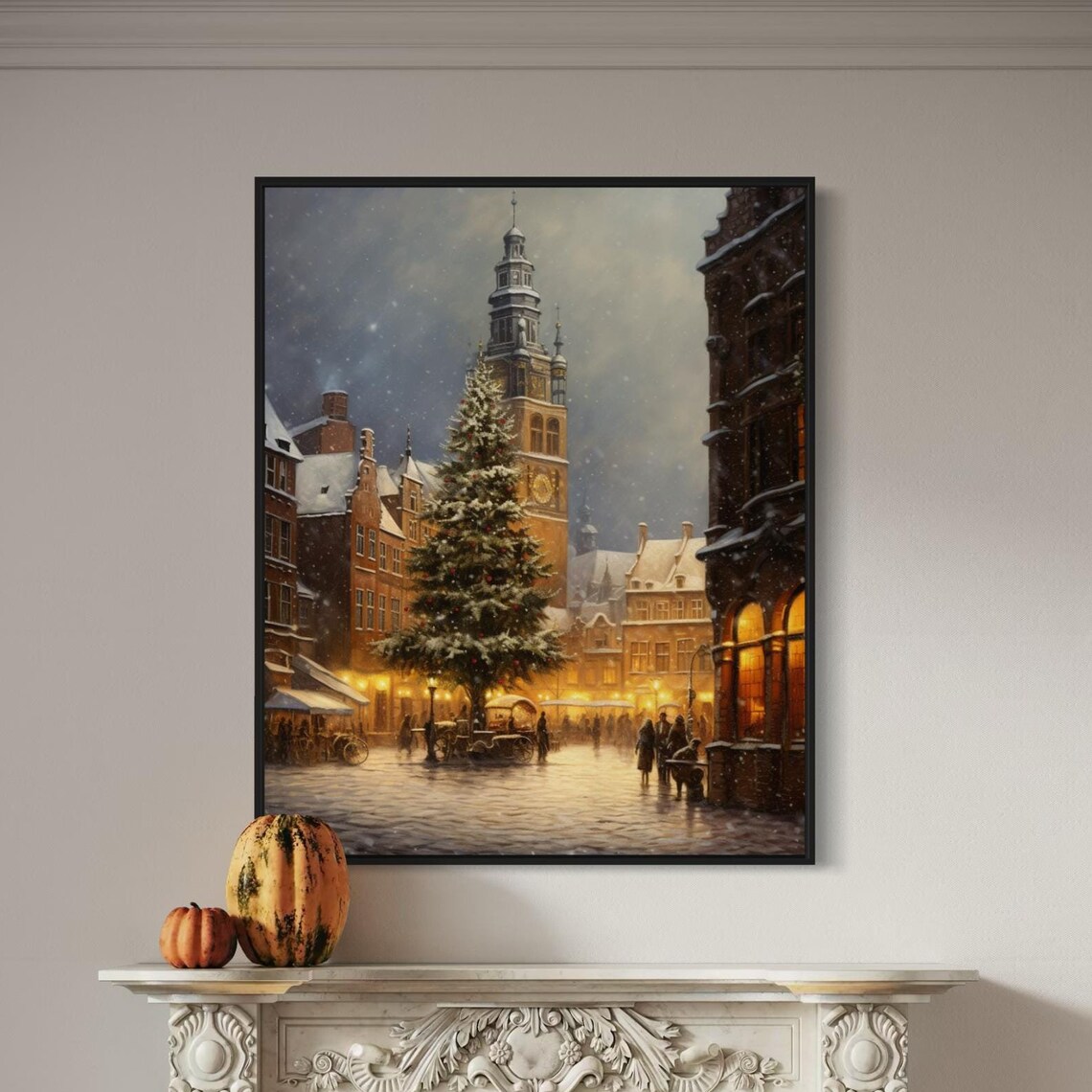 European Christmas Market Square Clock Tower Snowy Town Art Poster