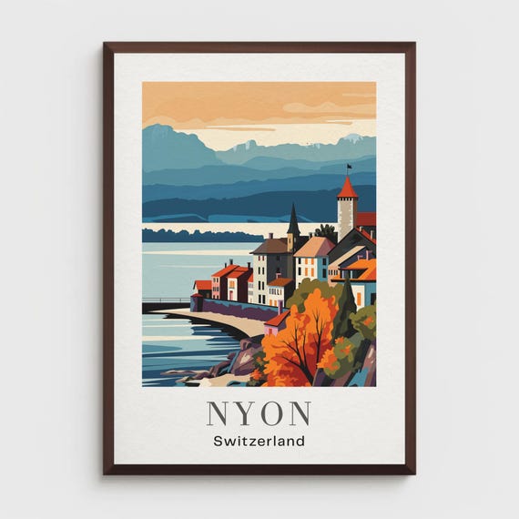 Nyon Switzerland Travel Poster Retro Swiss Alps Art Print