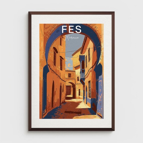 Fes Morocco Poster Print Retro Travel Wall Art Bab Bou Jeloud