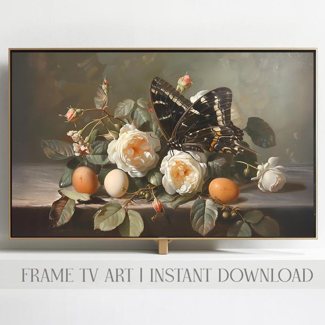 Dark Butterfly on White Roses Vintage Frame TV Still Life Print