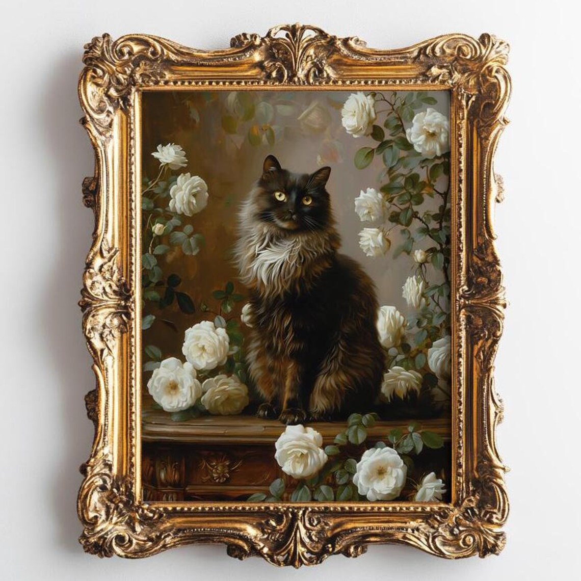 Long-Haired Black Cat Resting Among White Roses Vintage Art Poster