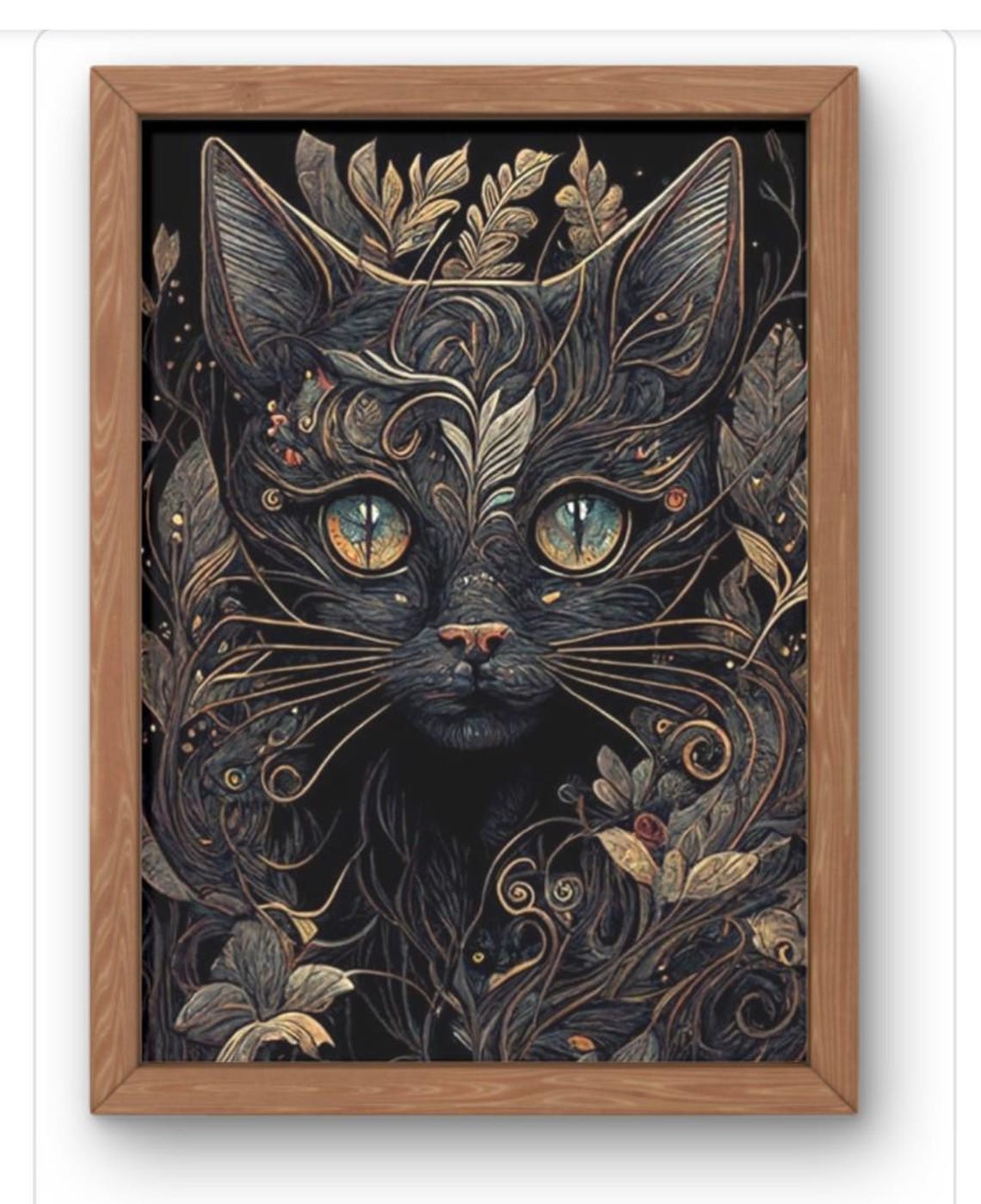 Ornate Black Cat Golden Botanical Line Art Dark Floral Poster