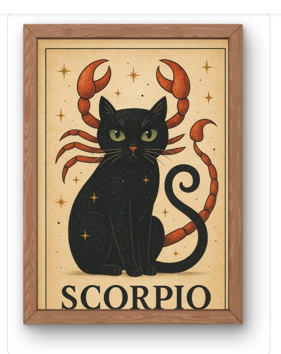 Scorpio Cat Zodiac Art Print Vintage A Strology Wall For Season Whimsical Horoscope Decor Lovers Gift