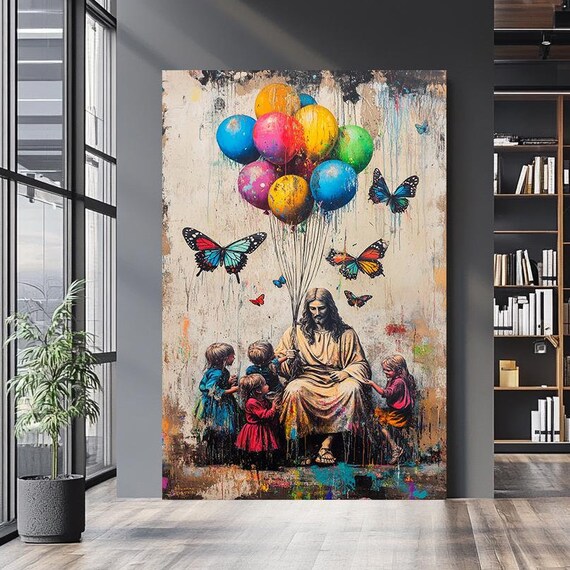 Jesus Seated With Children Balloon Cluster Butterflies Splatter Art Poster