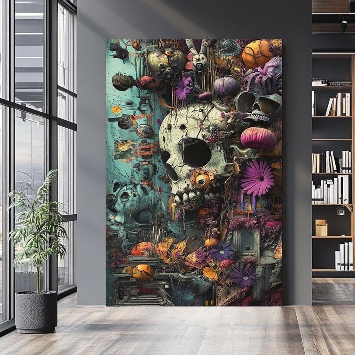 Dark Maximalist Skull Surreal Floral Gothic Teal Fantasy Wall Art
