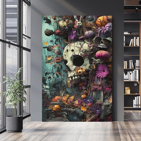 Dark Maximalist Skull Wall Art Maximalist Surreal Floral Wall Art Gothic Skull Floral Wall Art Dark Fantasy Steampunk Painting