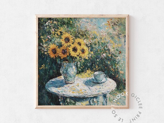 Abstract Sunflower Print Monet Floral Wall Art Summer Botanical Garden Retro Vintage Farmhouse Decor Neutral Living Room Square Poster
