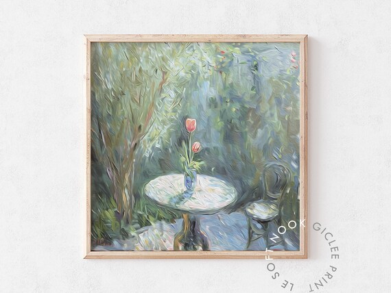 Two Pink Tulips Garden Table Impressionist Outdoor Scene Poster