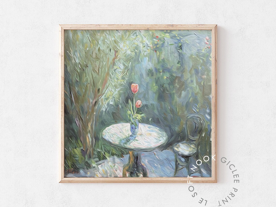 Two Pink Tulips Garden Table Impressionist Outdoor Scene Poster