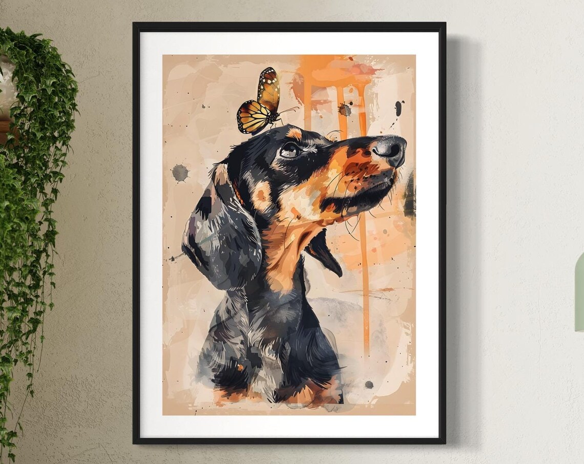 Black Tan Dachshund Butterfly Watercolor Cute Dog Lover Gift Print