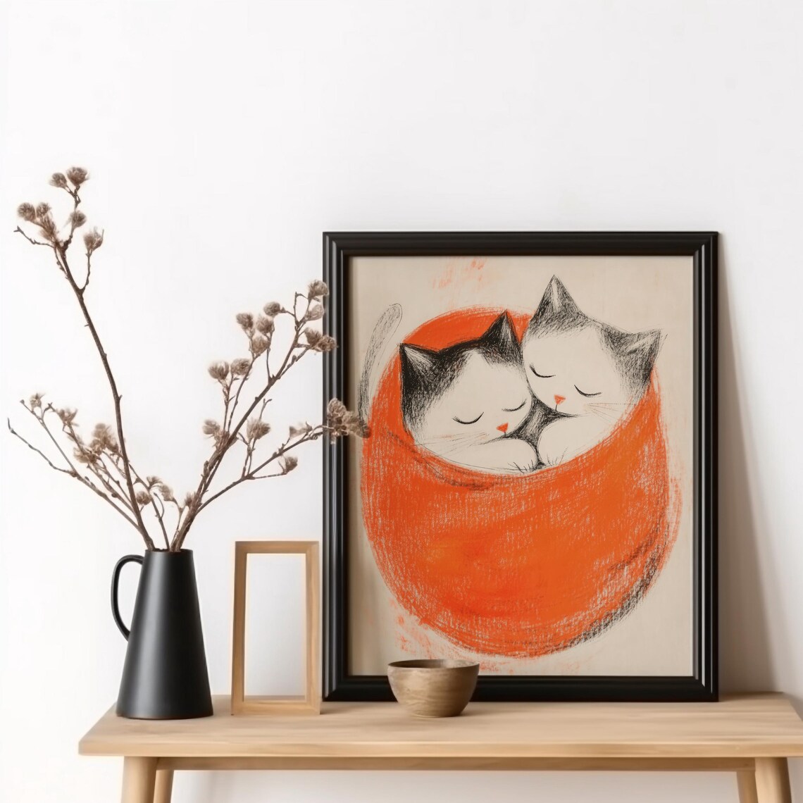 Sleeping Cats Bright Orange Blanket Cozy Japanese Cat Art Poster