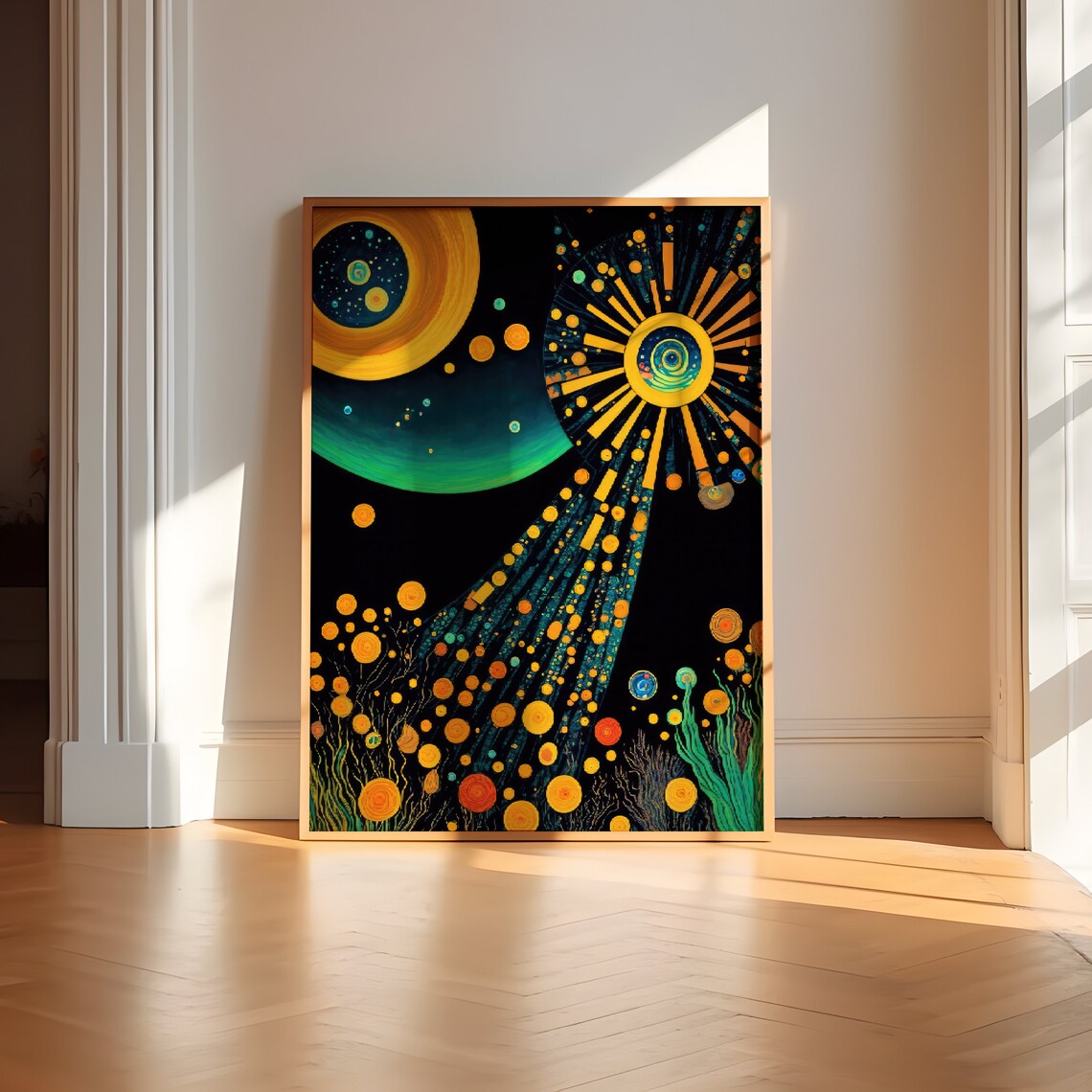 Golden Sun And Moon Cosmic Abstract Klimt Style Gold Art Print
