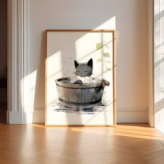 Cat Bathing Artwork, Black Bathroom Decor Print