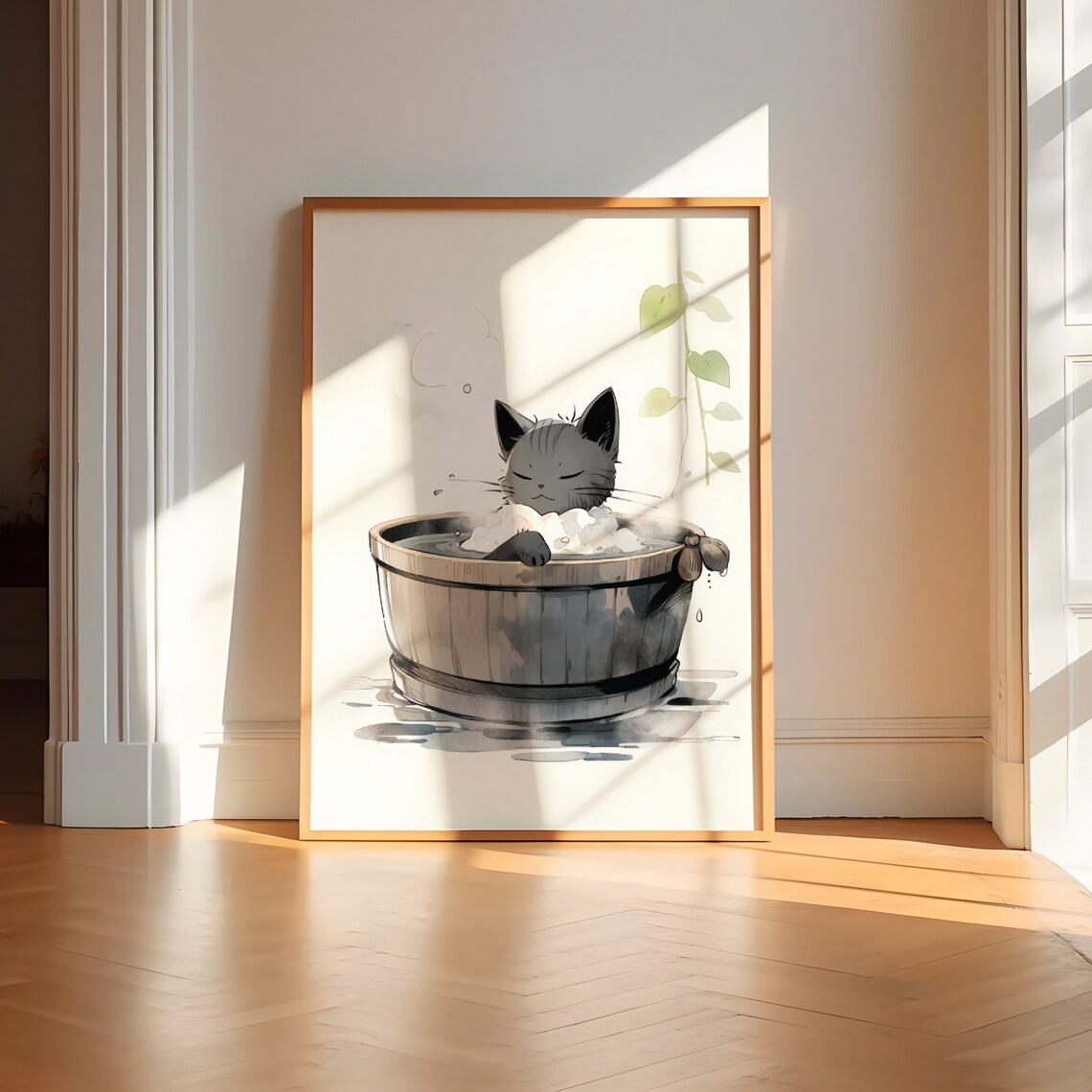 Cat Bathing Artwork, Black Bathroom Decor Print