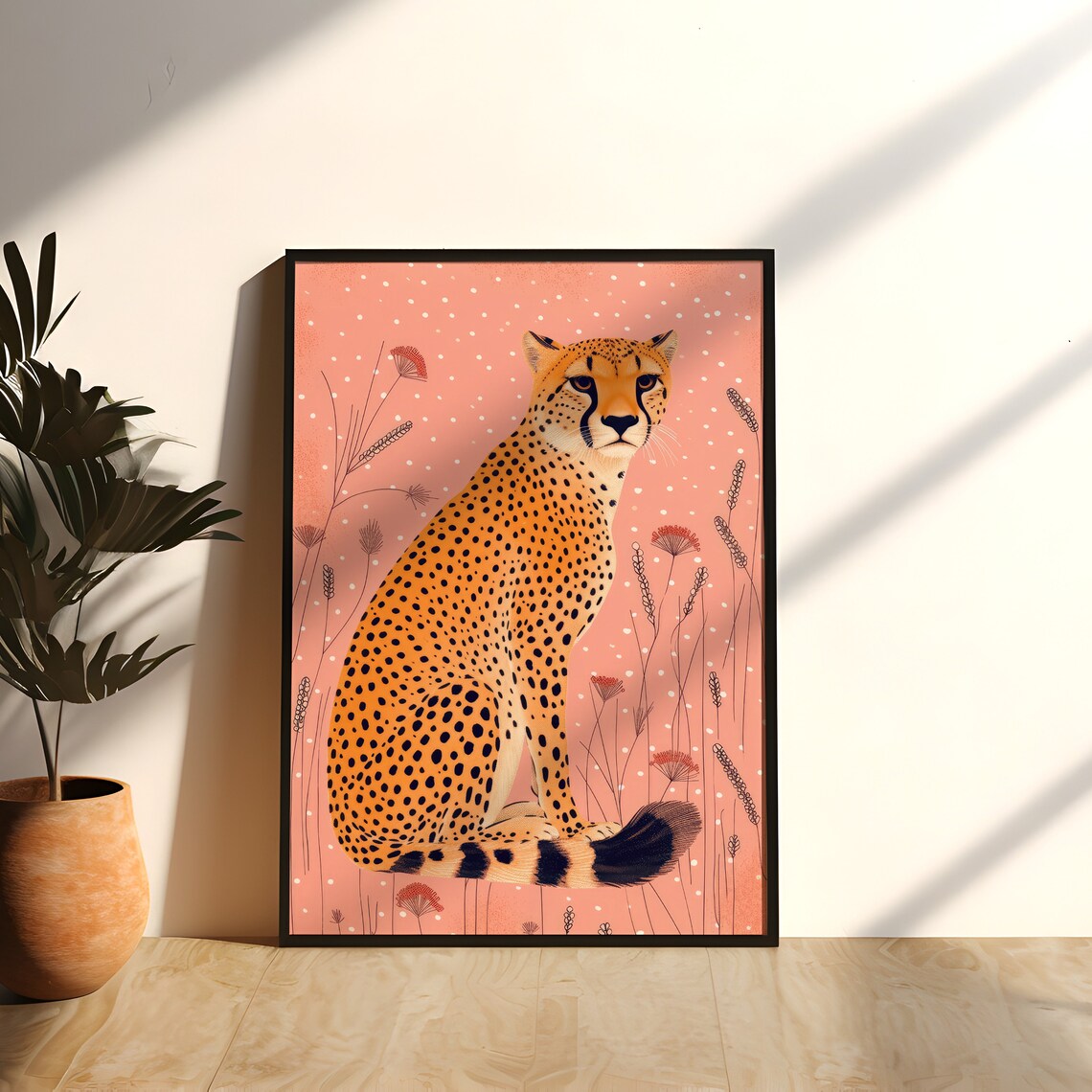 Boho Cheetah Art Print Pink Floral Leopard Animal Artwork Poster Preppy Dorm Room Decor Wall