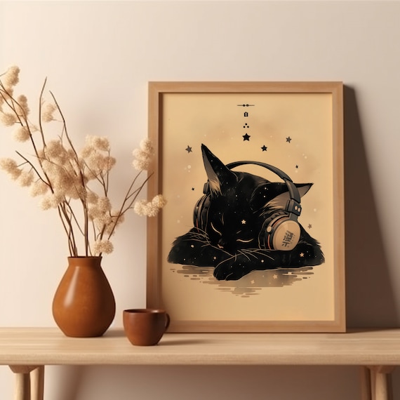 Sleeping Black Cat in Headphones Under Stars Cute Art Poster
