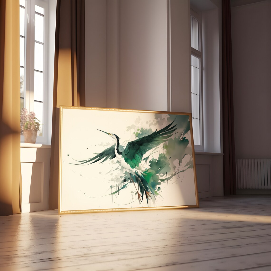 Japanese Crane Watercolor Art Print, Modern Bird