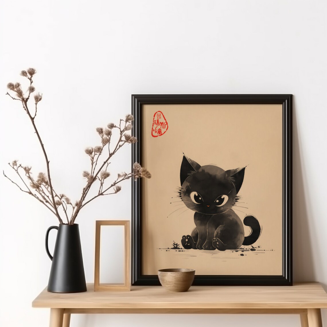 Cute Black Cat Japanese Woodblock Art Print