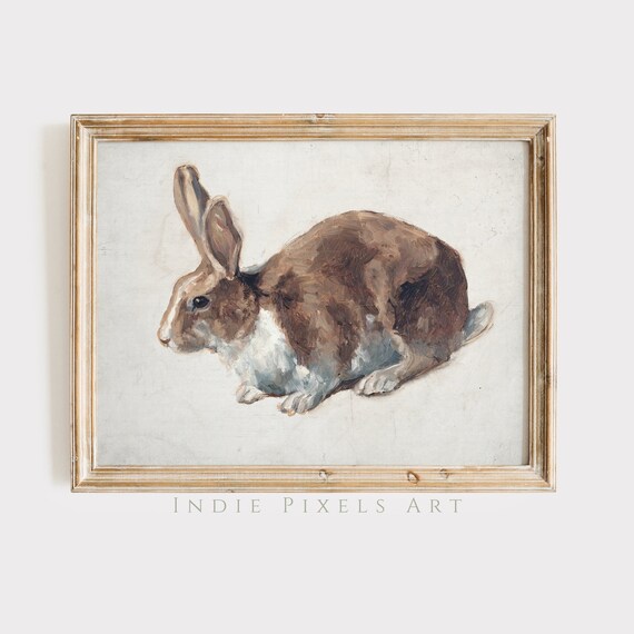 Brown Rabbit Vintage Oil Study Neutral Cottagecore Nursery Wall Art Poster