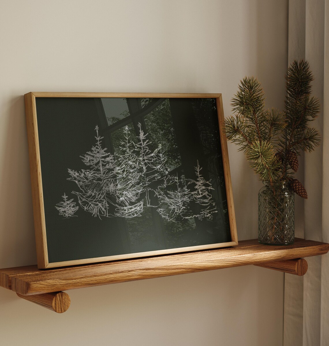 White Pine Tree Line Sketch Black Background Minimalist Winter Art Poster - Image 3
