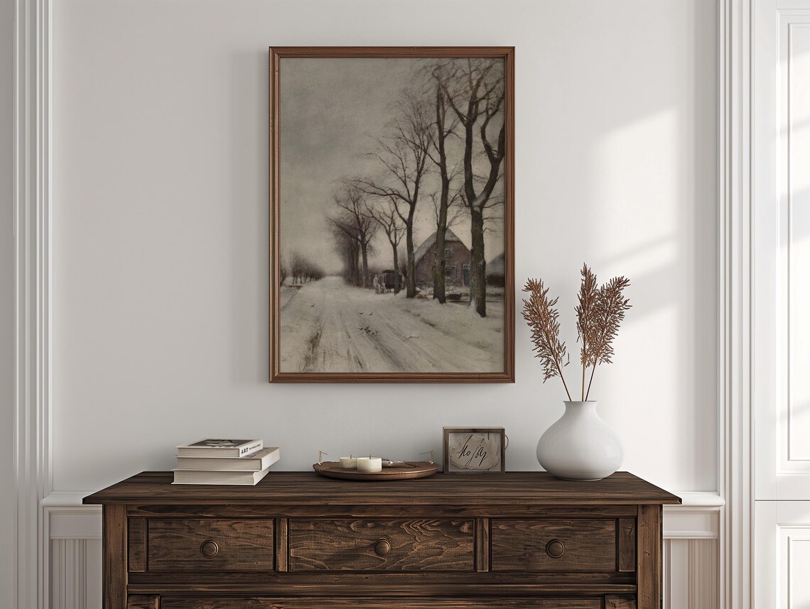 Moody Snowy Cottage Road Winter Bare Trees Landscape Oil Painting Poster - Image 3
