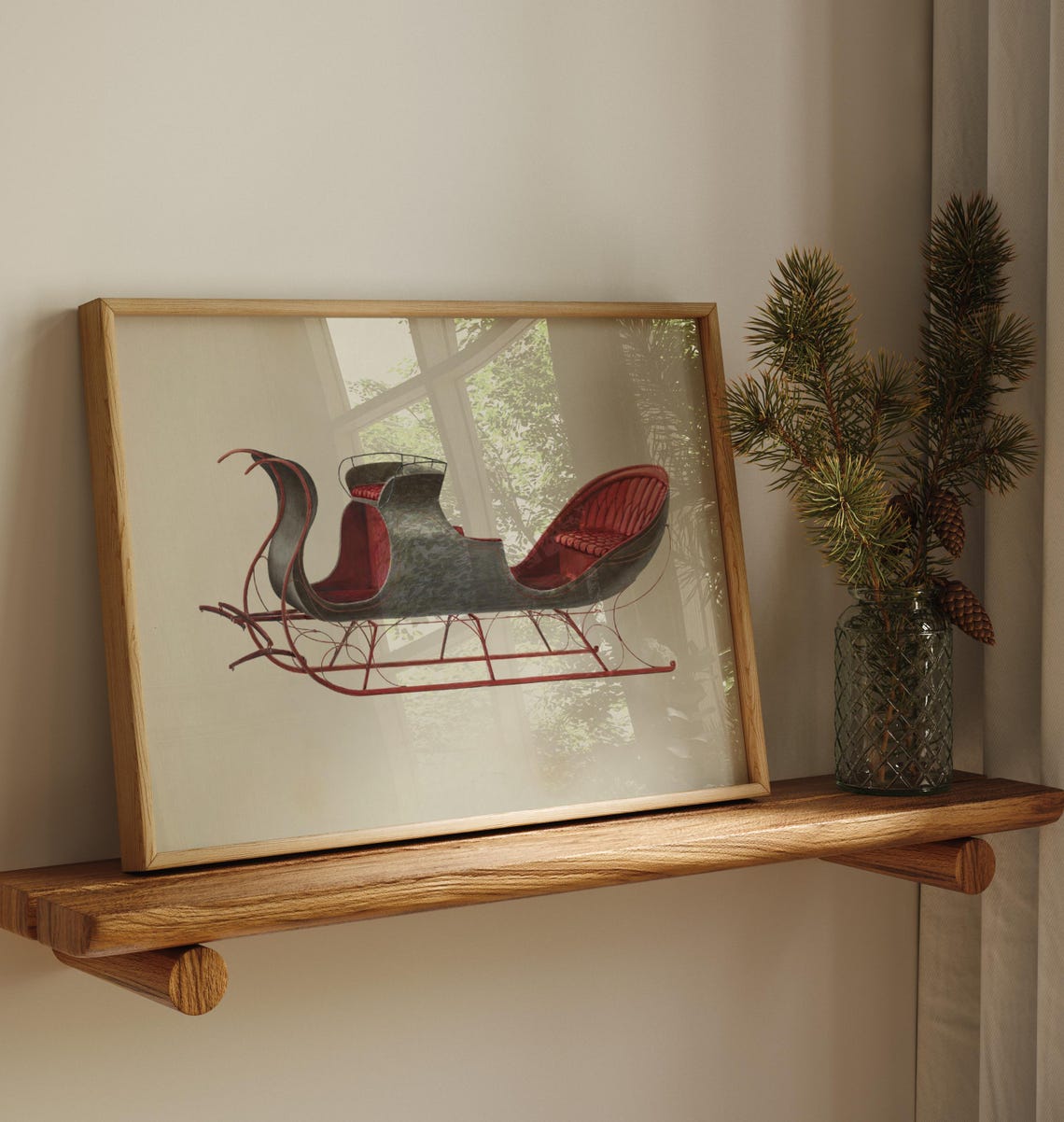 Red Velvet Antique Horse Drawn Sleigh Illustration Christmas Art Print - Image 4