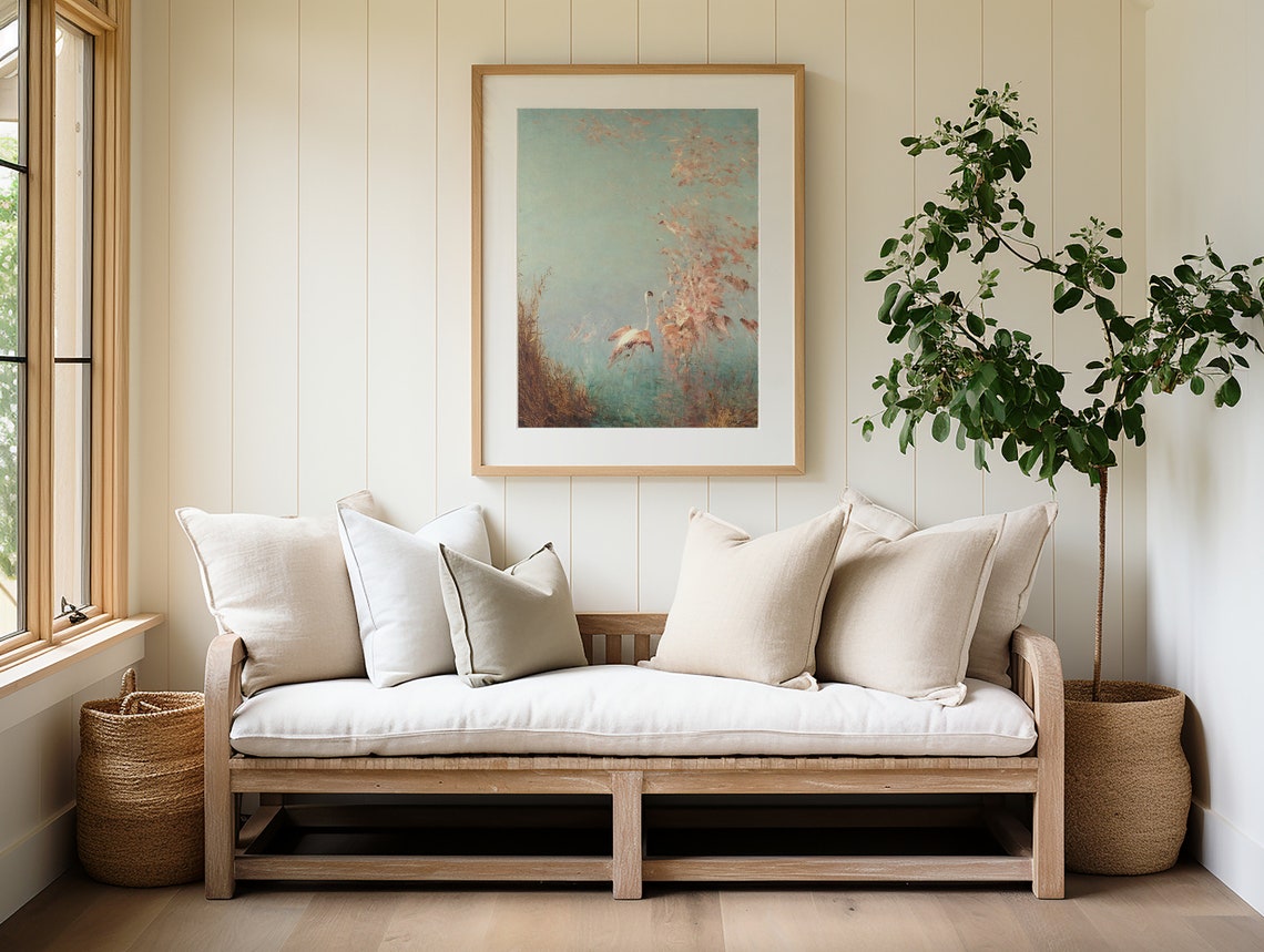 Vintage Flamingos in Flight Over Coastal Marsh Impressionist Print - Image 3