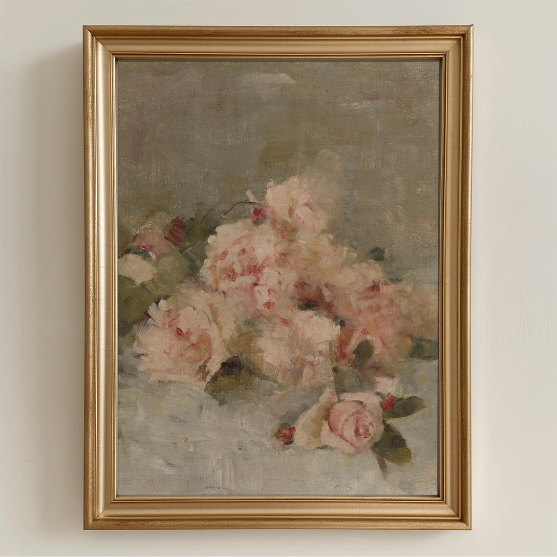 Vintage Pink Roses Bouquet Still Life Soft Floral Oil Painting Print - Image 4