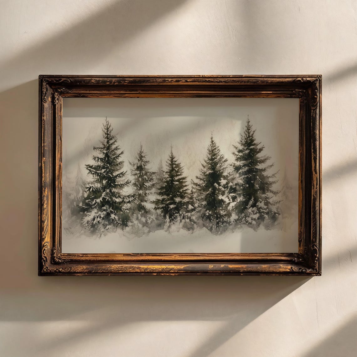 Moody Snowy Pine Trees Misty Winter Watercolor Monochrome Art Print - Image 2