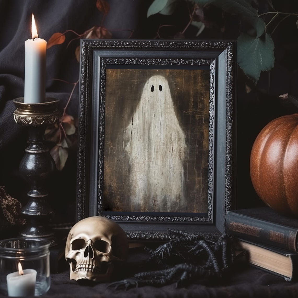 Halloween Art Cute Ghost Painting Halloween Decor Primitive Ghost Painting Art Print Halloween Wall Art Print Cute Ghost - Image 4