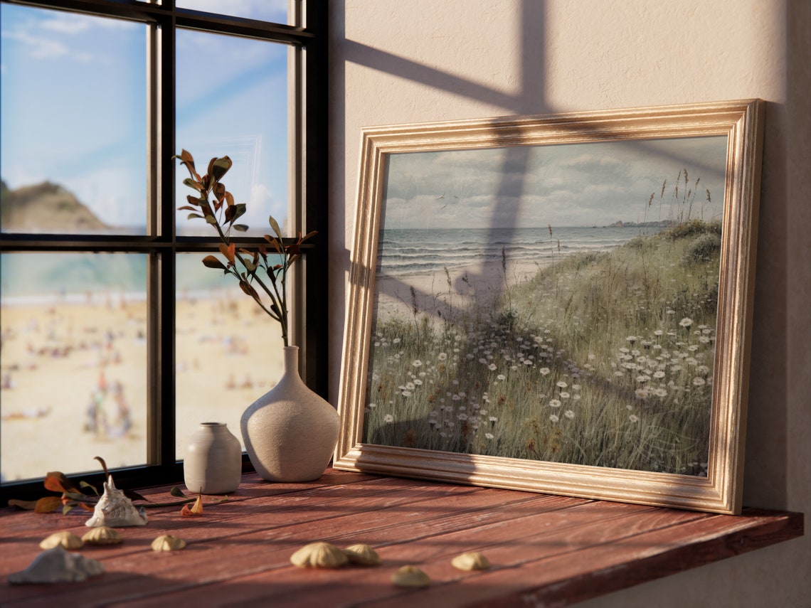 Wildflower Meadow Coastal Dunes Vintage Beach Landscape Wall Art - Image 3