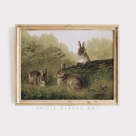Vintage Rabbit Painting Three Rabbits Woodland Meadow Nursery Wall Poster
